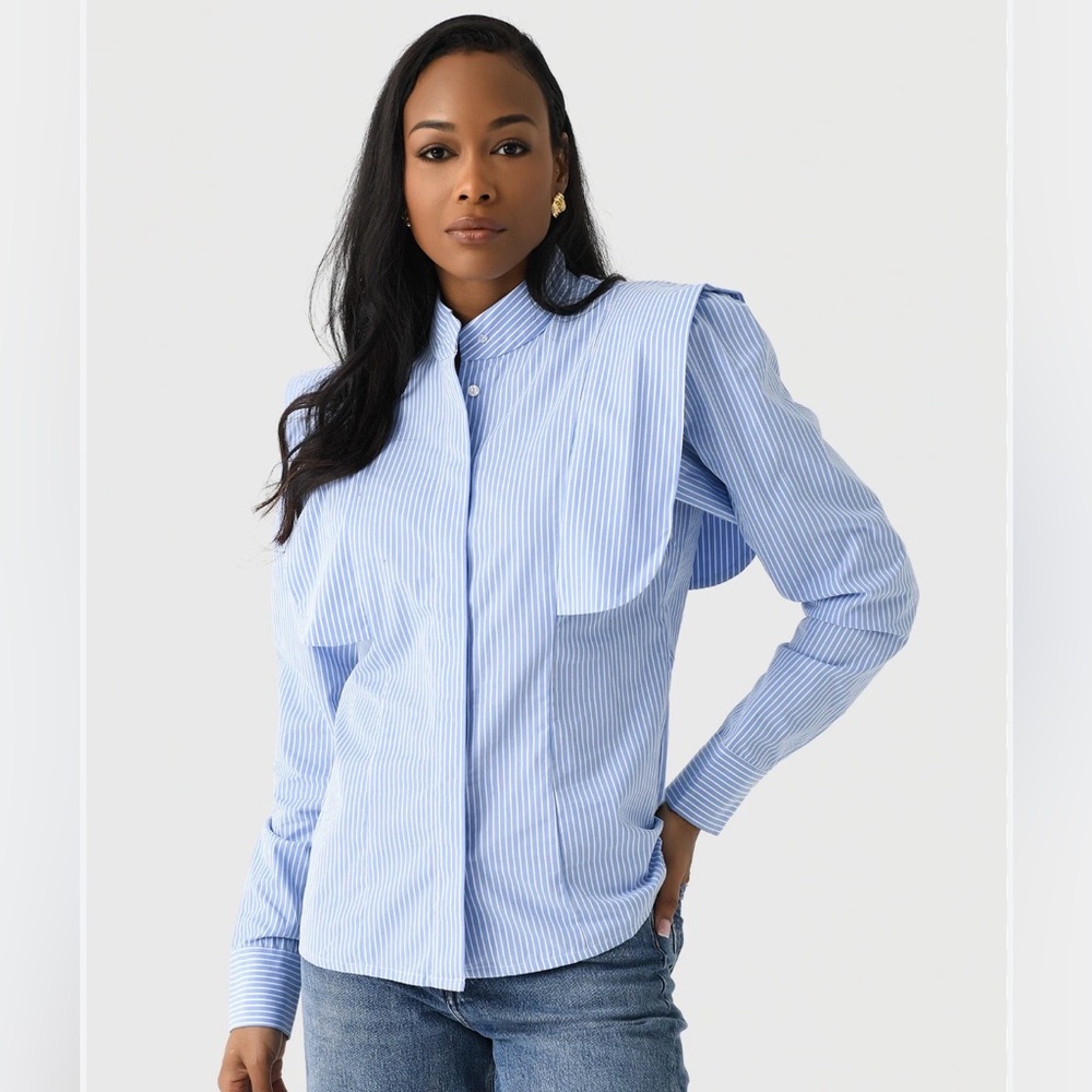 Berenice Blue White Striped Ruffle Statement Collar Size M Button Down Blouse